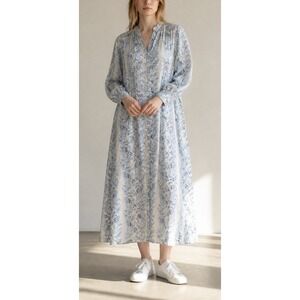 Parterre Layne Dress Sz 6 Blue White Block Print Floral Midi Coastal Modest